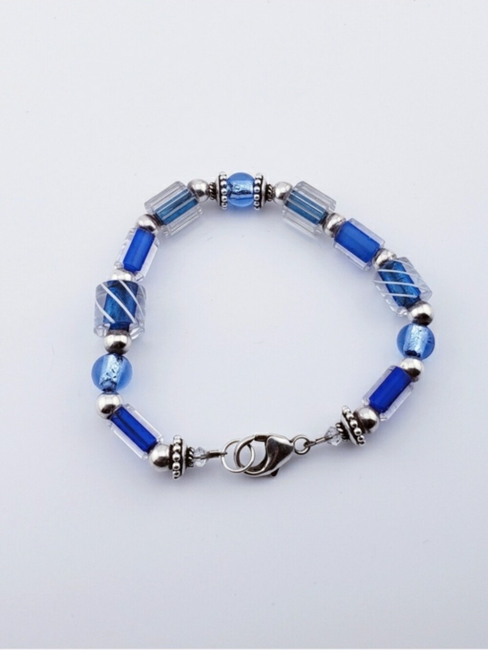 .925 Sterling Silver Blue Glass Beaded Bracelet